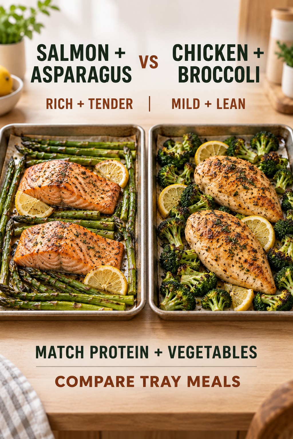 Salmon with asparagus and chicken with broccoli in matched low-carb tray meal portions with lemon and garlic.