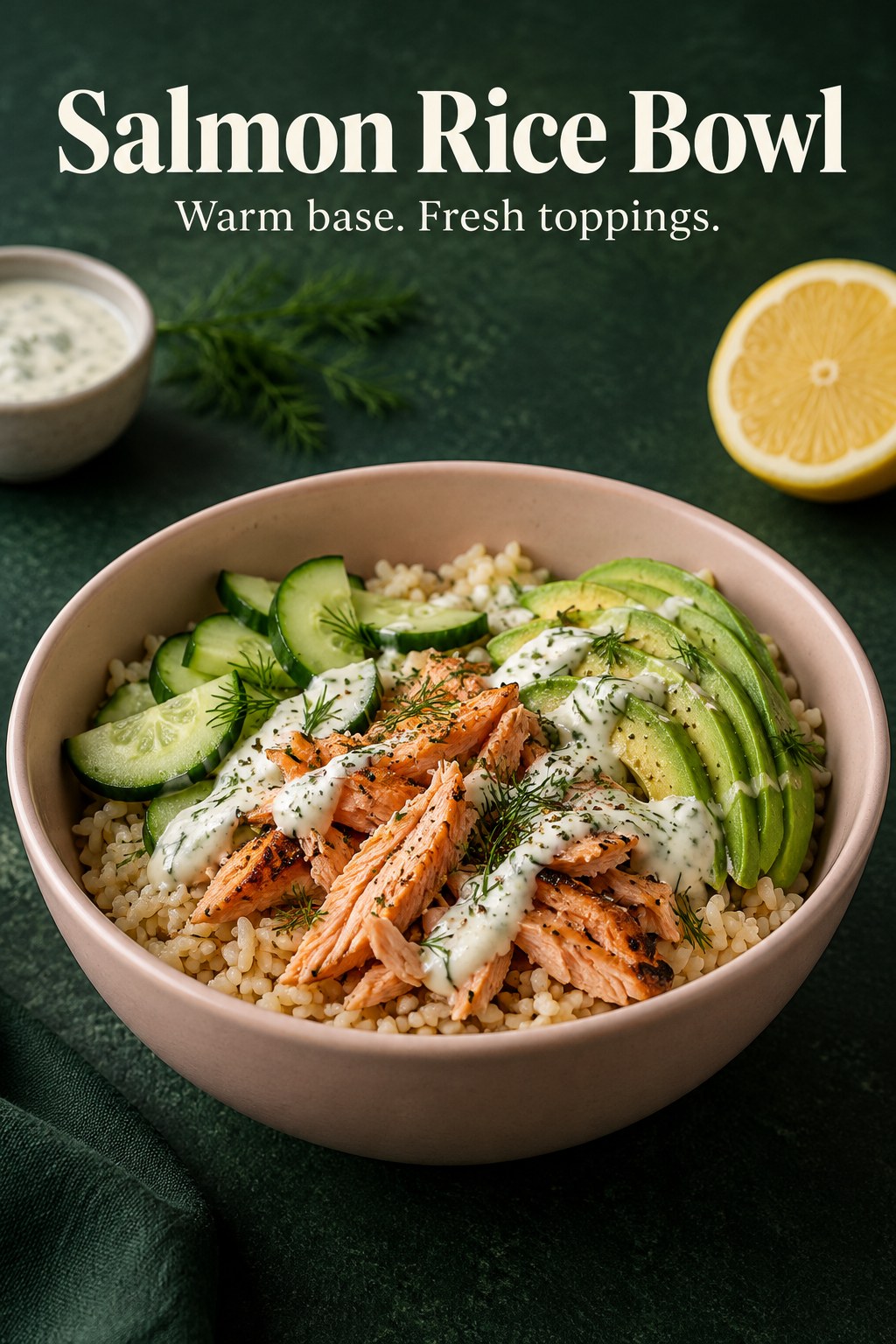 Cooked salmon flakes over rice with cucumber, avocado, and lemon yogurt sauce.