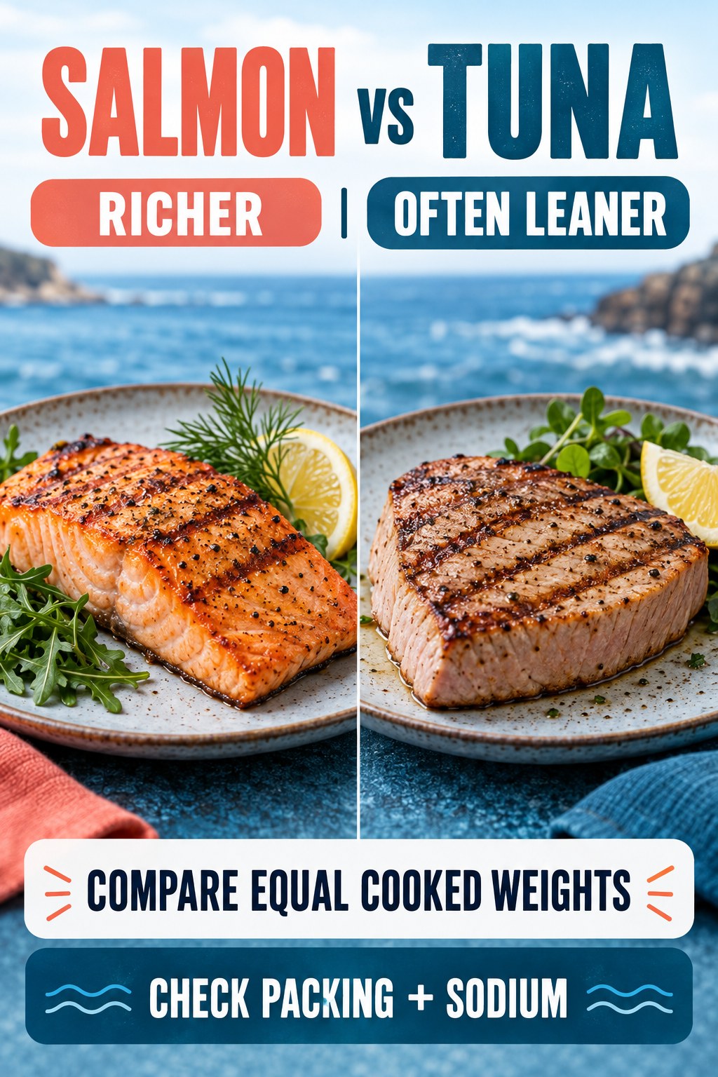 Salmon and tuna in equal cooked portions, compared for fat profile, texture, preparation, sodium, and meal uses.