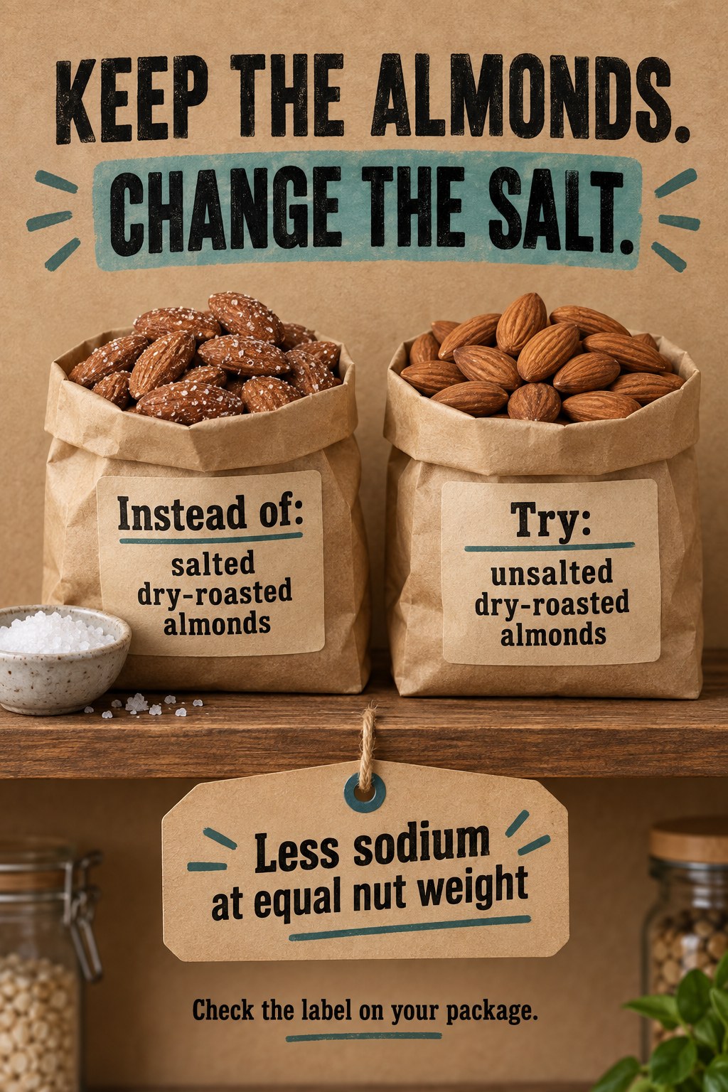 Kraft bags of salted and unsalted dry-roasted almonds with a lower-sodium equal-weight callout on a hanging pantry tag.