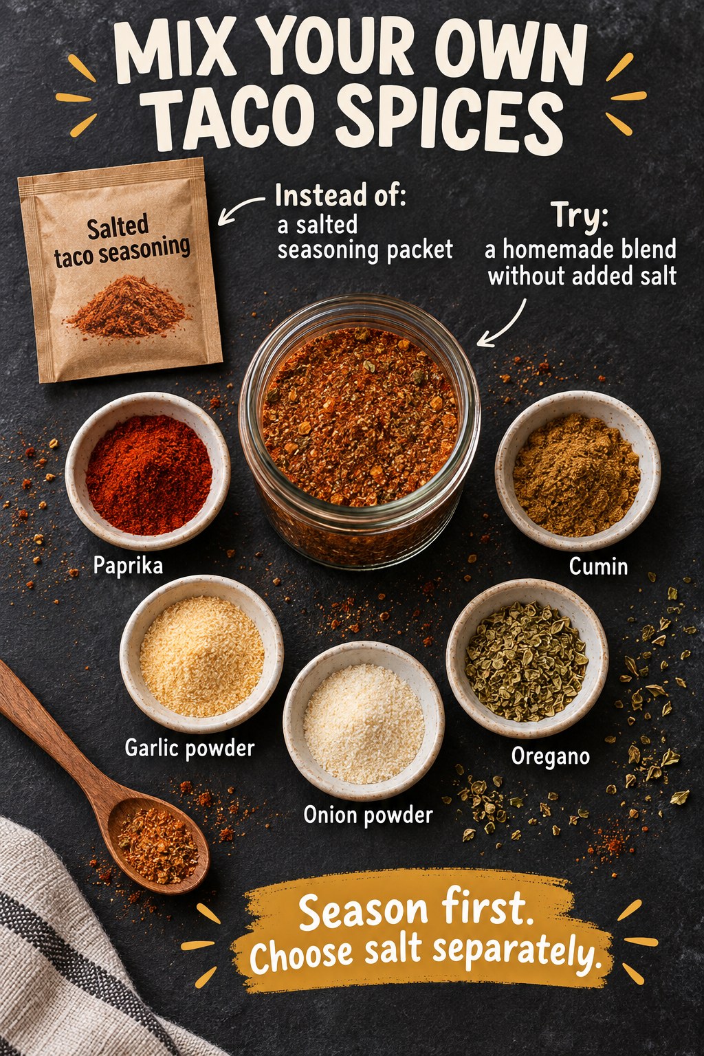 Salted taco seasoning packet beside homemade spices with labeled paprika, cumin, garlic powder, onion powder and oregano.