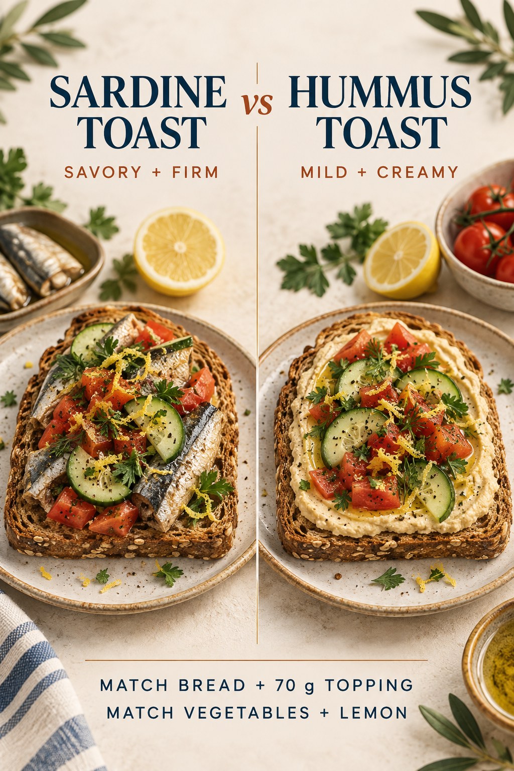 Whole-grain sardine toast and hummus toast with matching tomato, cucumber, lemon, and herbs on separate plates.