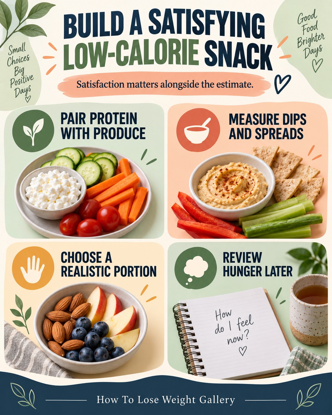 Four-step satisfying low-calorie snack infographic with protein, produce, dips, portions, and hunger review