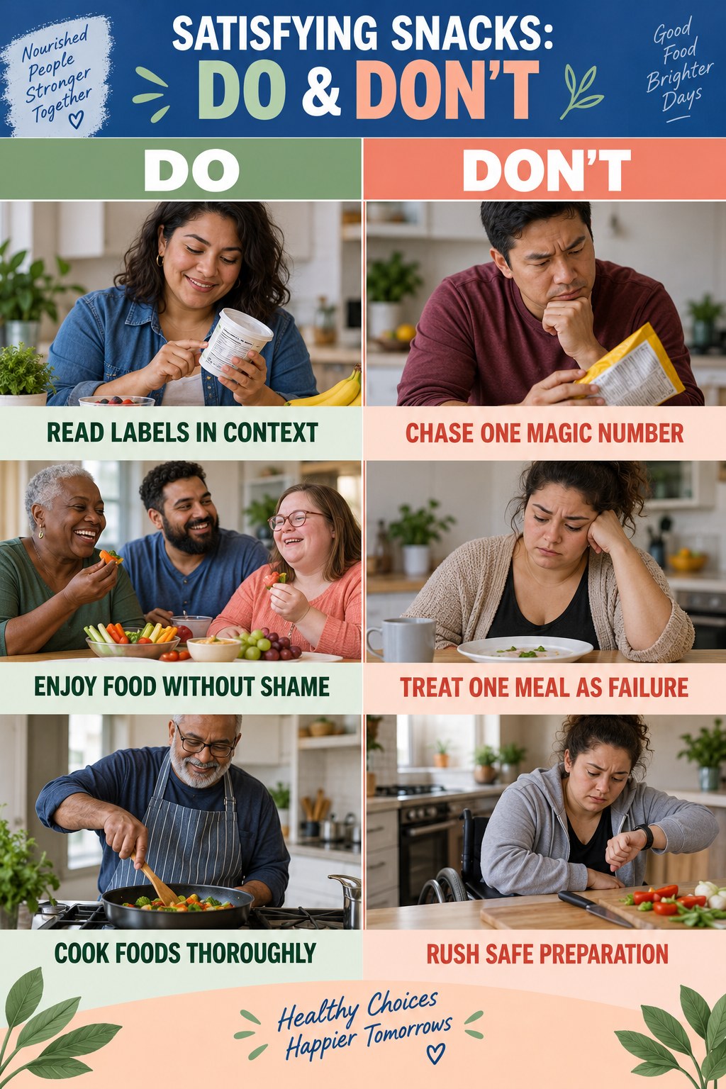 Healthy Eating Do and Don’t comparison graphic showing three practical behavior pairs for satisfying snacks.