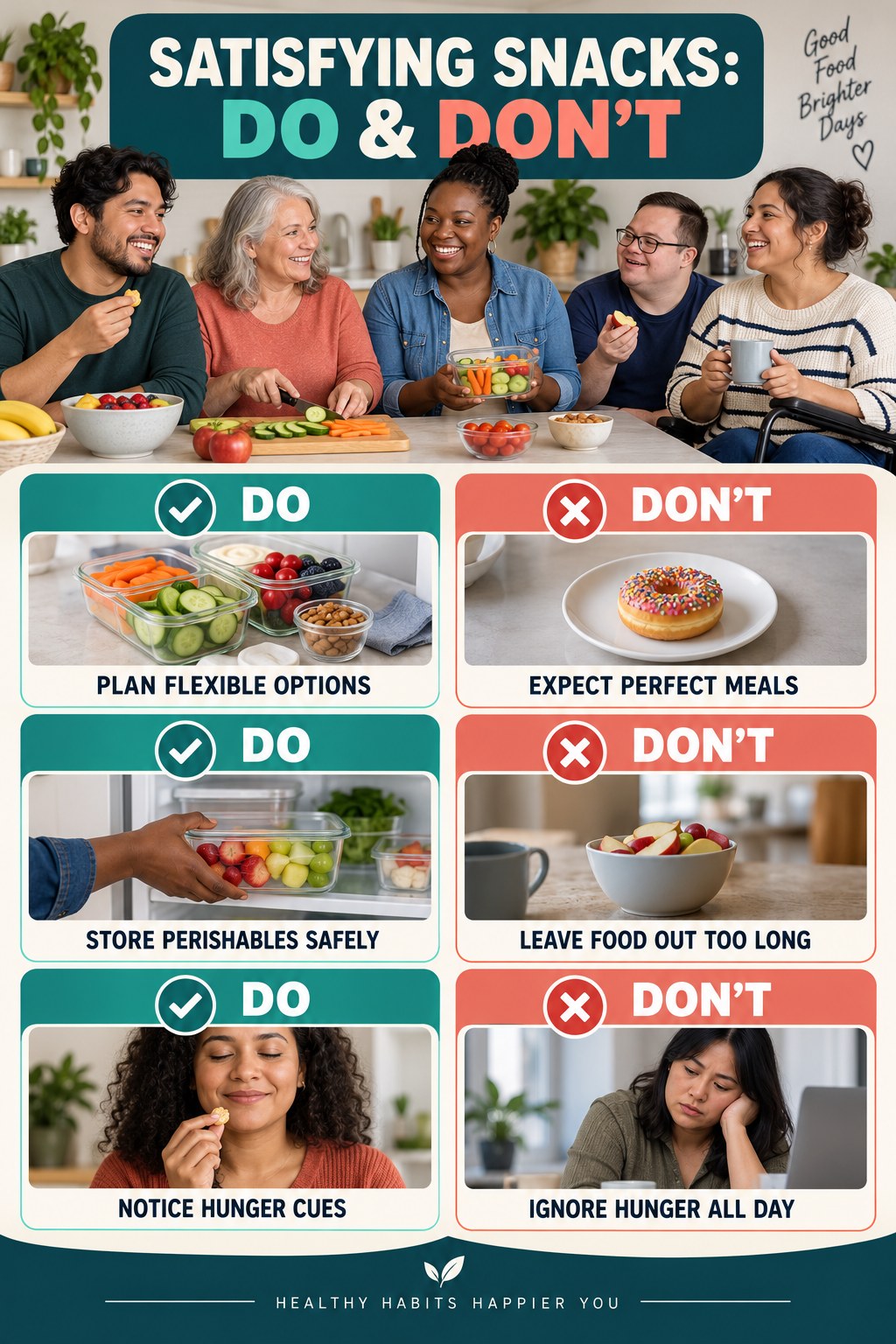 Healthy Meal Plans Do and Don’t comparison graphic showing three practical behavior pairs for satisfying snacks.
