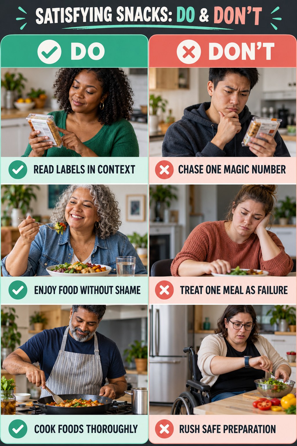 High Protein Dinner Do and Don’t comparison graphic showing three practical behavior pairs for satisfying snacks.