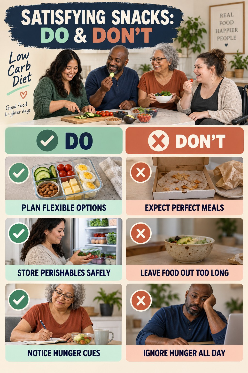 Low Carb Diet Do and Don’t comparison graphic showing three practical behavior pairs for satisfying snacks.