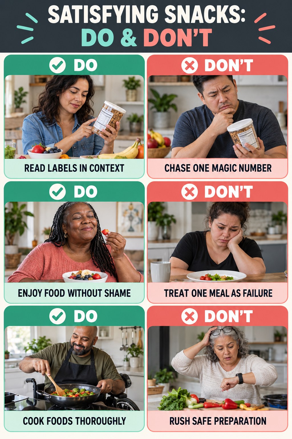 Meal Prep Ideas Do and Don’t comparison graphic showing three practical behavior pairs for satisfying snacks.