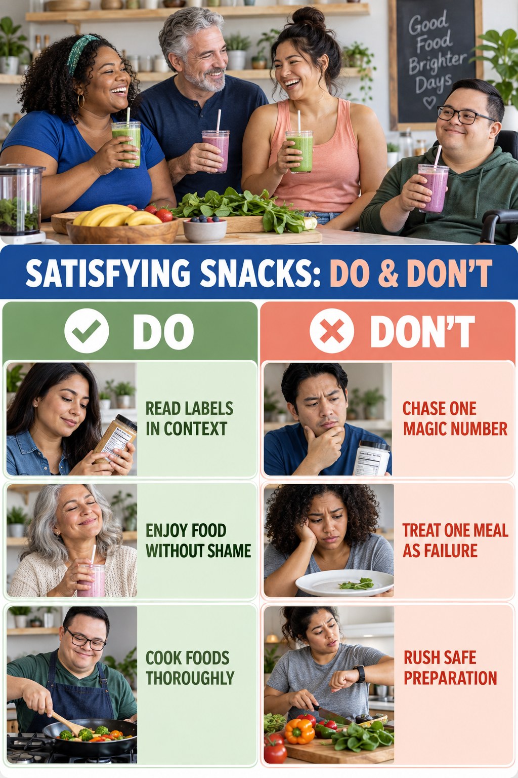 Weight Loss Smoothies Do and Don’t comparison graphic showing three practical behavior pairs for satisfying snacks.