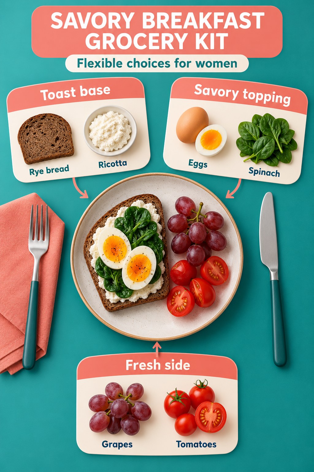 Teal and coral breakfast cards listing rye bread, ricotta, eggs, spinach, grapes and tomatoes.