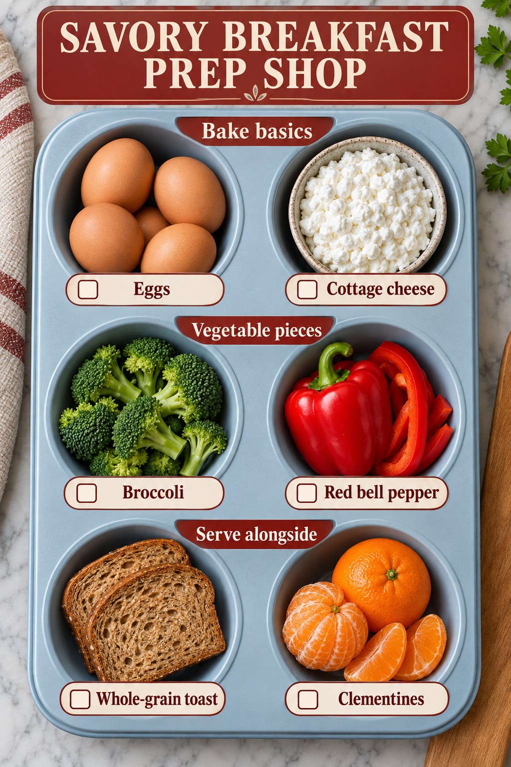 Brick-red and blue circular grocery compartments listing eggs, cottage cheese, broccoli, red pepper, whole-grain toast and clementines.