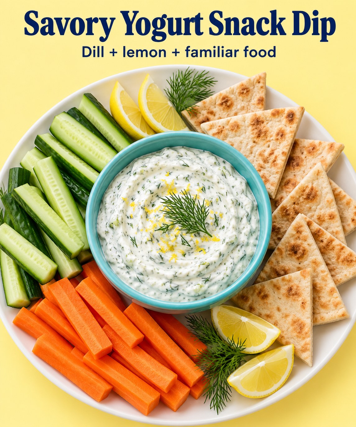 Greek yogurt dill dip surrounded by cucumber sticks, carrots, and pita wedges.