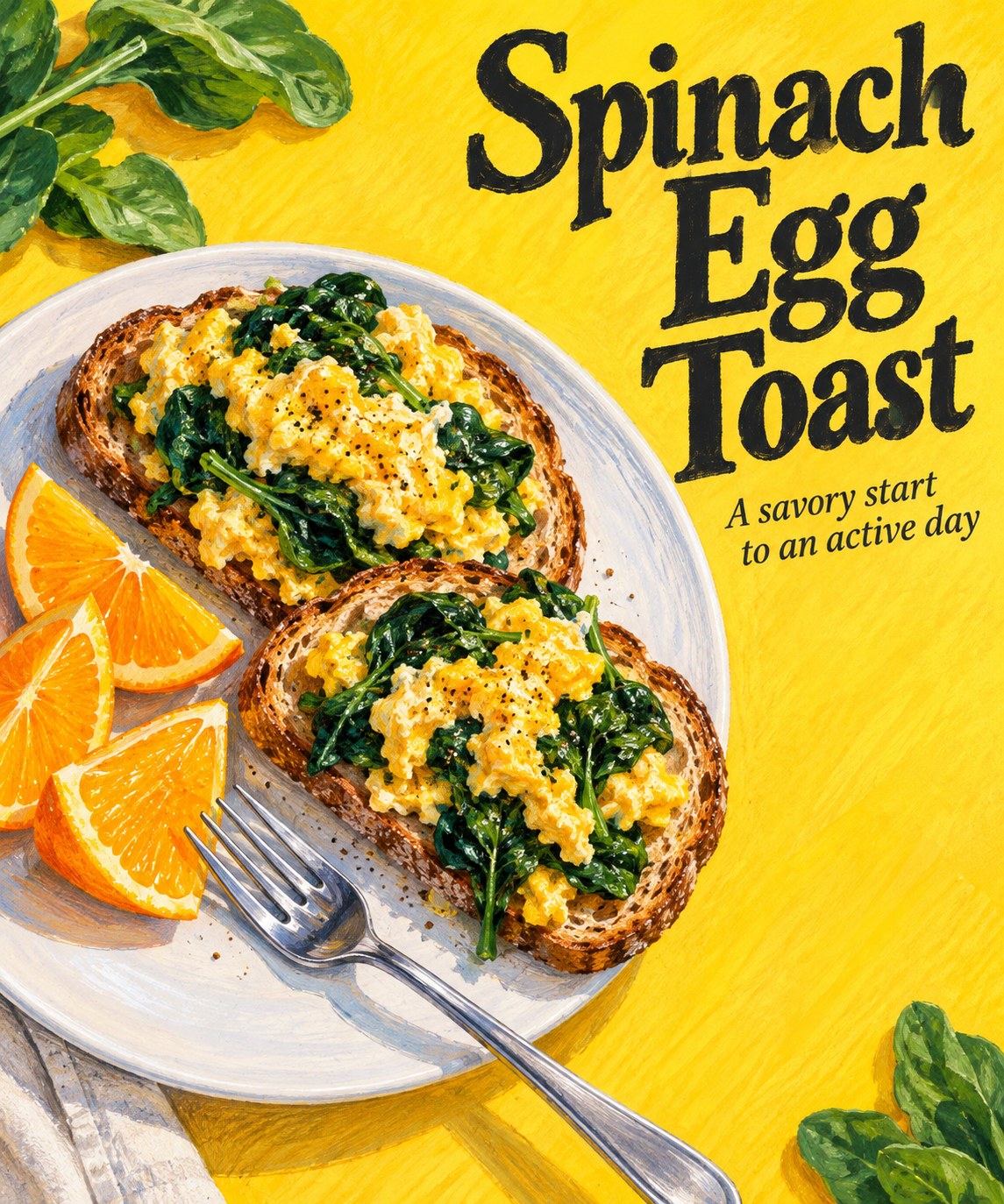 Scrambled eggs with spinach on toast beside orange wedges on a white plate.