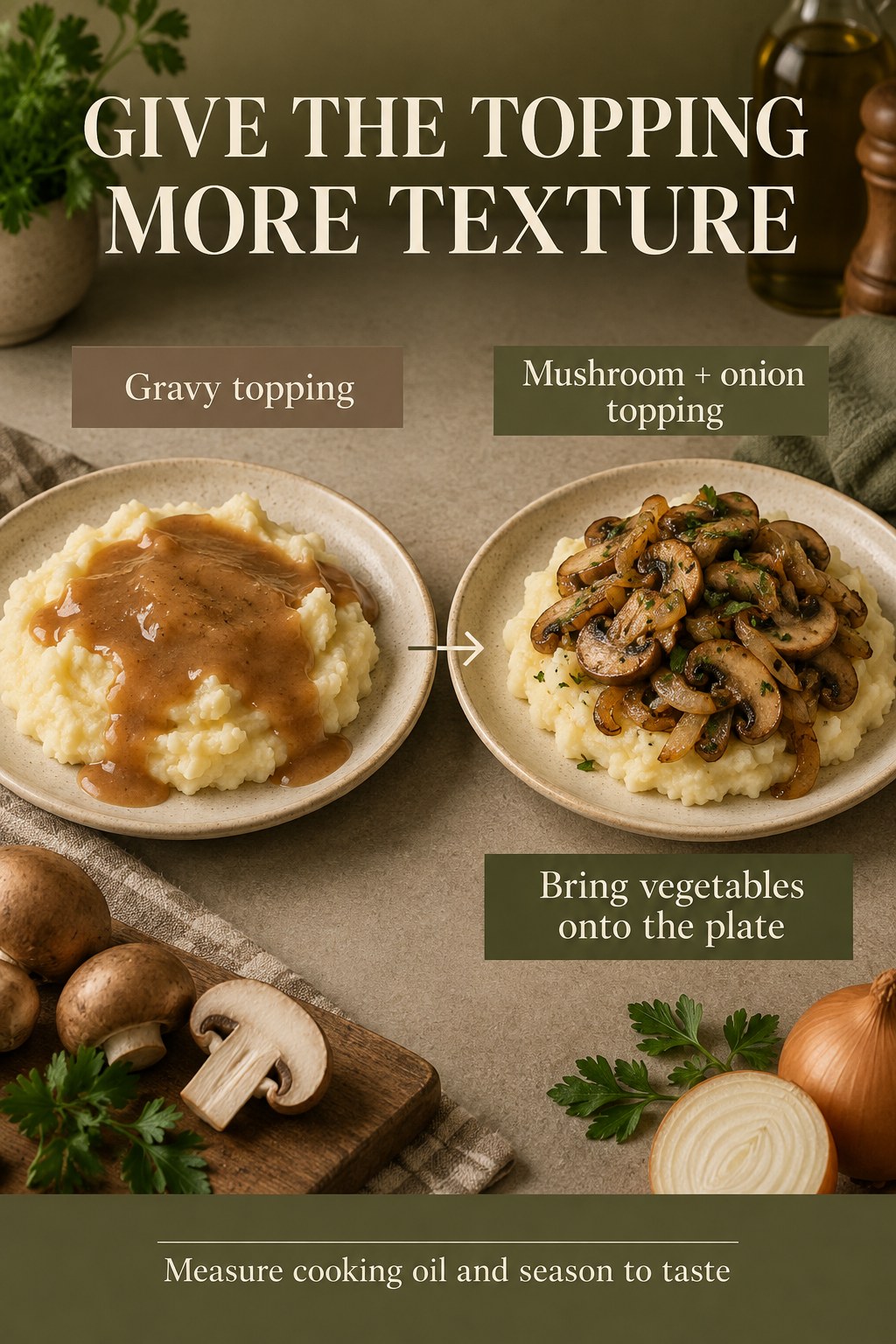 Mashed potatoes with gravy compared with matching potatoes topped with sautéed mushrooms and onion.