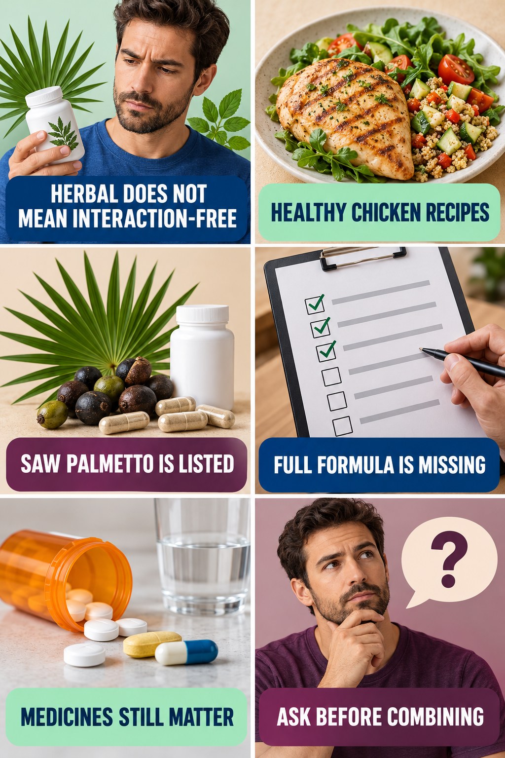 Saw Palmetto Needs a Medicine Review supplement-interaction safety infographic for Healthy Chicken Recipes with four concise review points.