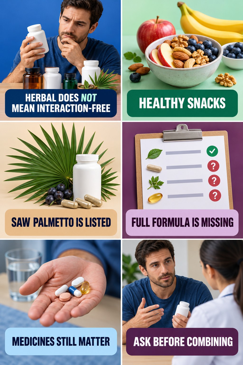 Saw Palmetto Needs a Medicine Review supplement-interaction safety infographic for Healthy Snacks with four concise review points.