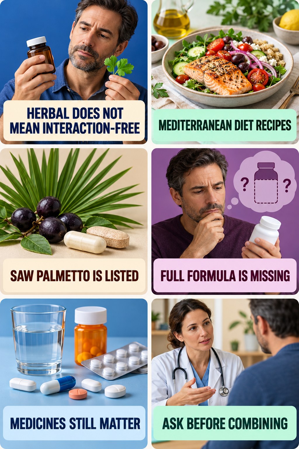 Saw Palmetto Needs a Medicine Review supplement-interaction safety infographic for Mediterranean Diet Recipes with four concise review points.