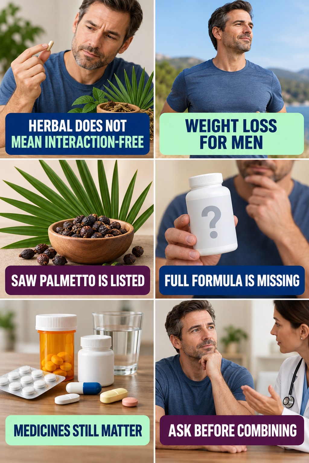 Saw Palmetto Needs a Medicine Review supplement-interaction safety infographic for Weight Loss for Men with four concise review points.