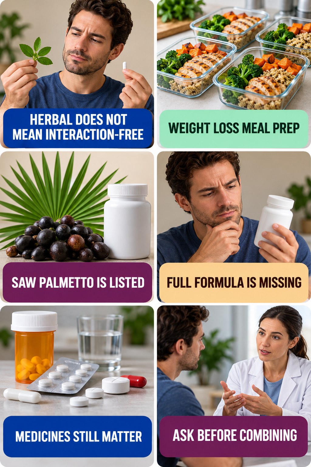 Saw Palmetto Needs a Medicine Review supplement-interaction safety infographic for Weight Loss Meal Prep with four concise review points.