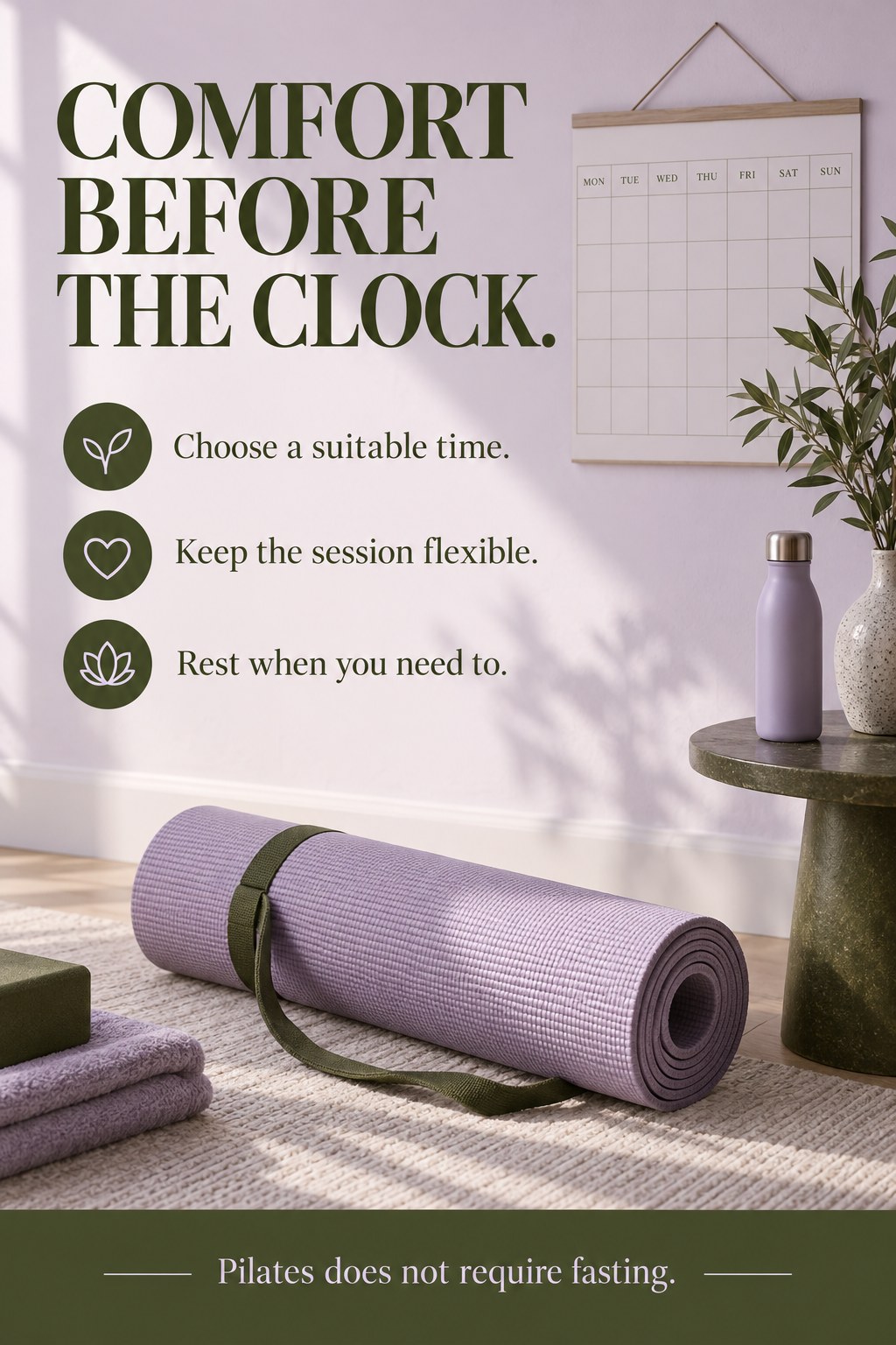 Rolled Pilates mat beside a plain calendar and water bottle in a bright home corner.