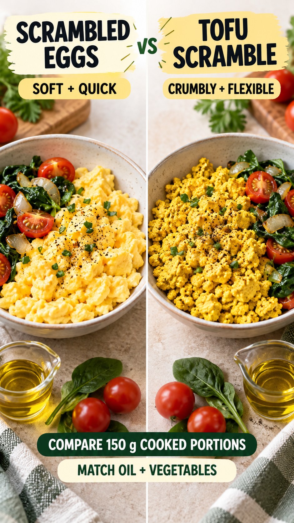 Scrambled eggs and tofu scramble in equal cooked portions with matching vegetables, compared for a savory breakfast.
