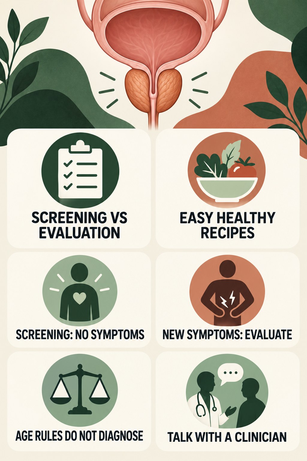 Screening Is Not Symptom Evaluation infographic for Easy Healthy Recipes with four concise prostate-health awareness points.