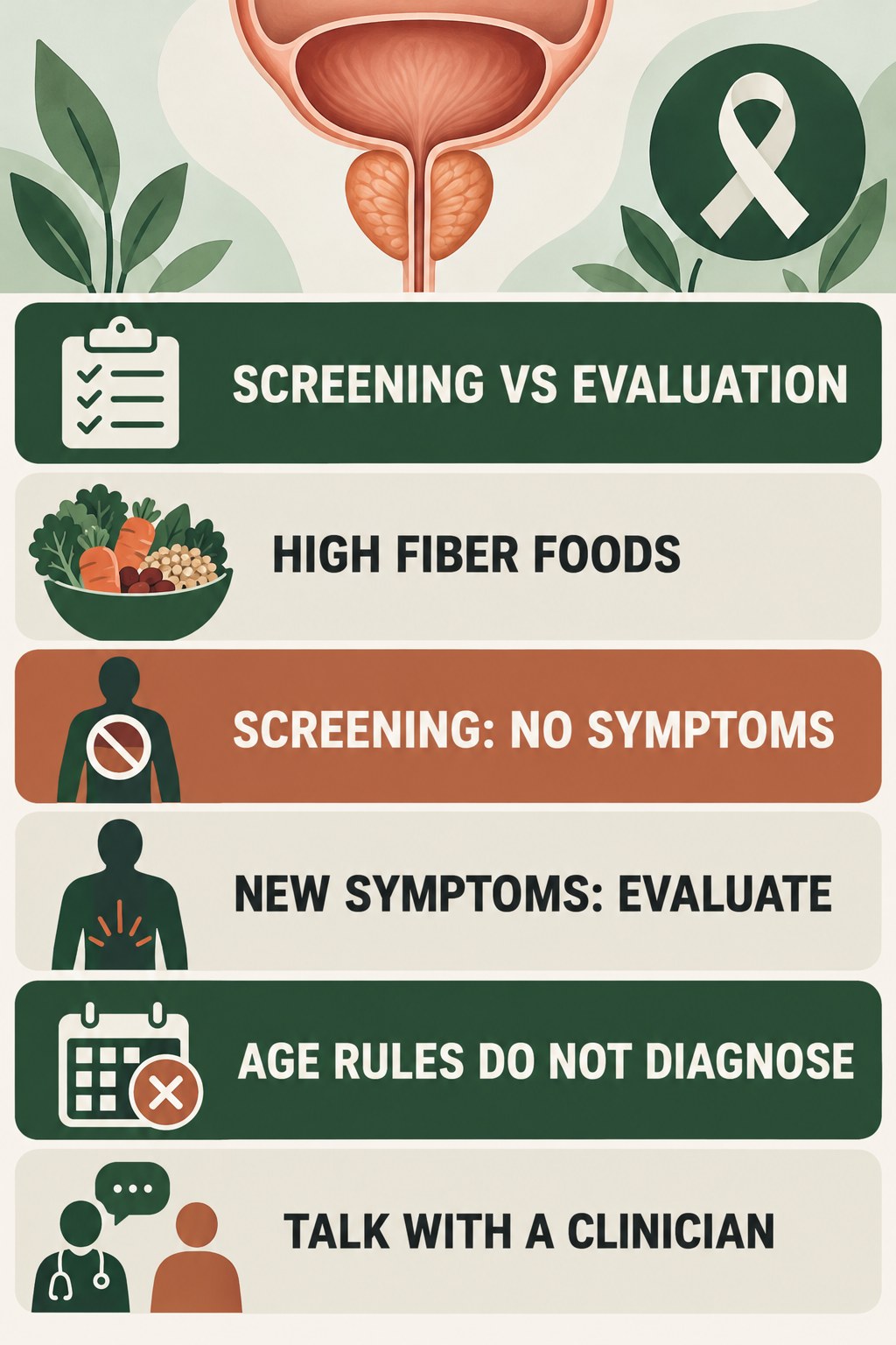Screening Is Not Symptom Evaluation infographic for High Fiber Foods with four concise prostate-health awareness points.