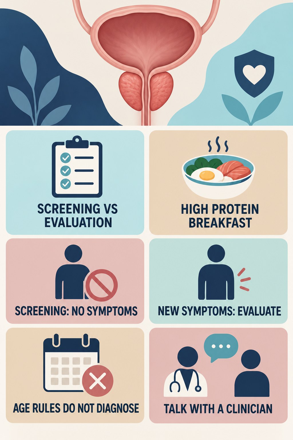 Screening Is Not Symptom Evaluation infographic for High Protein Breakfast with four concise prostate-health awareness points.