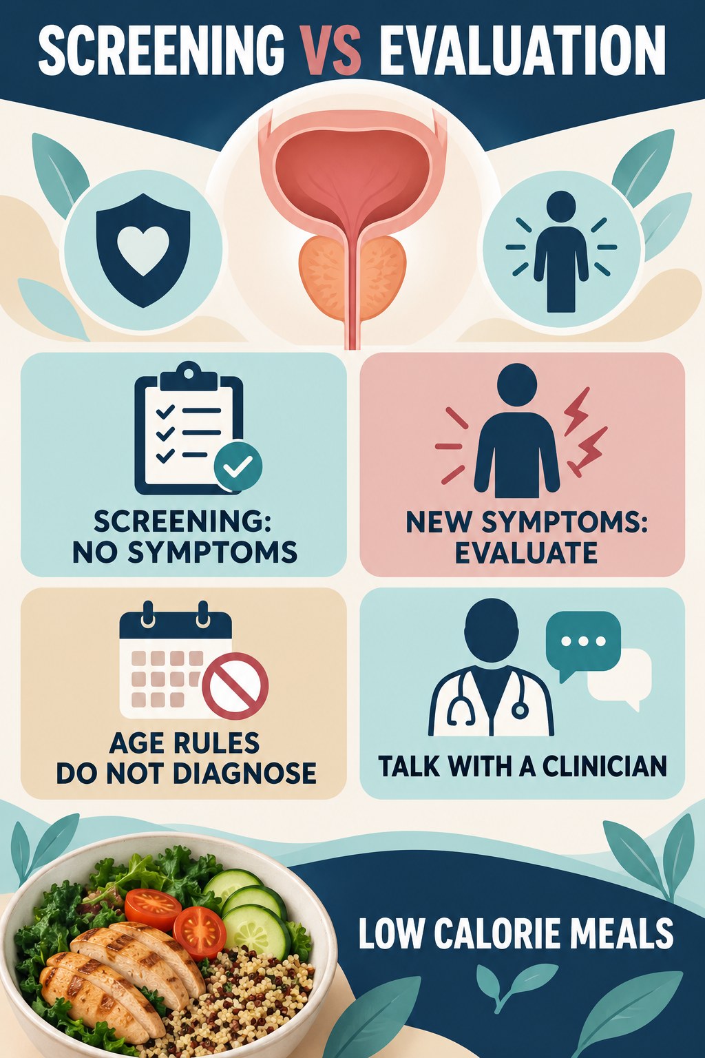 Screening Is Not Symptom Evaluation infographic for Low Calorie Meals with four concise prostate-health awareness points.