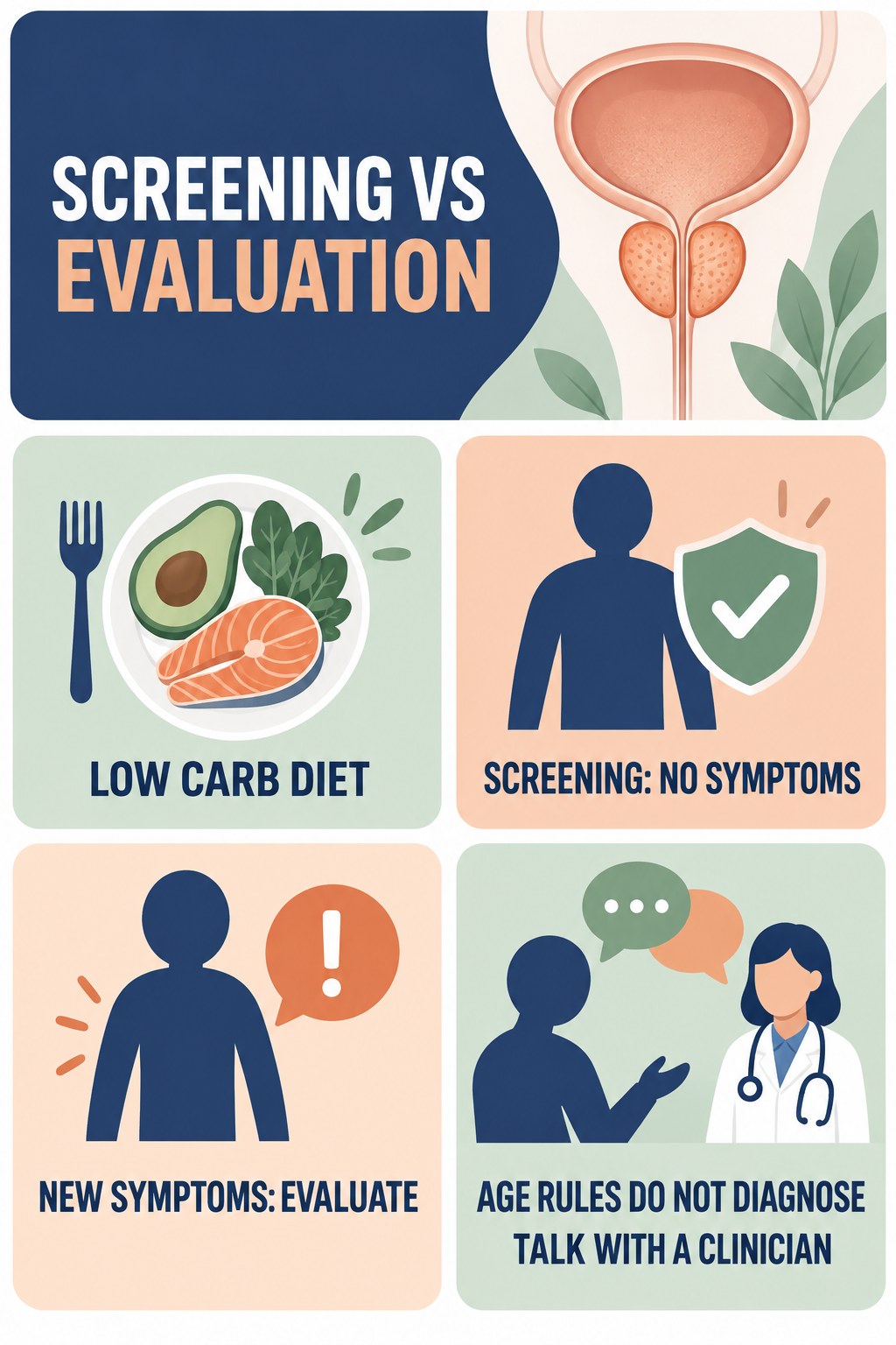 Screening Is Not Symptom Evaluation infographic for Low Carb Diet with four concise prostate-health awareness points.