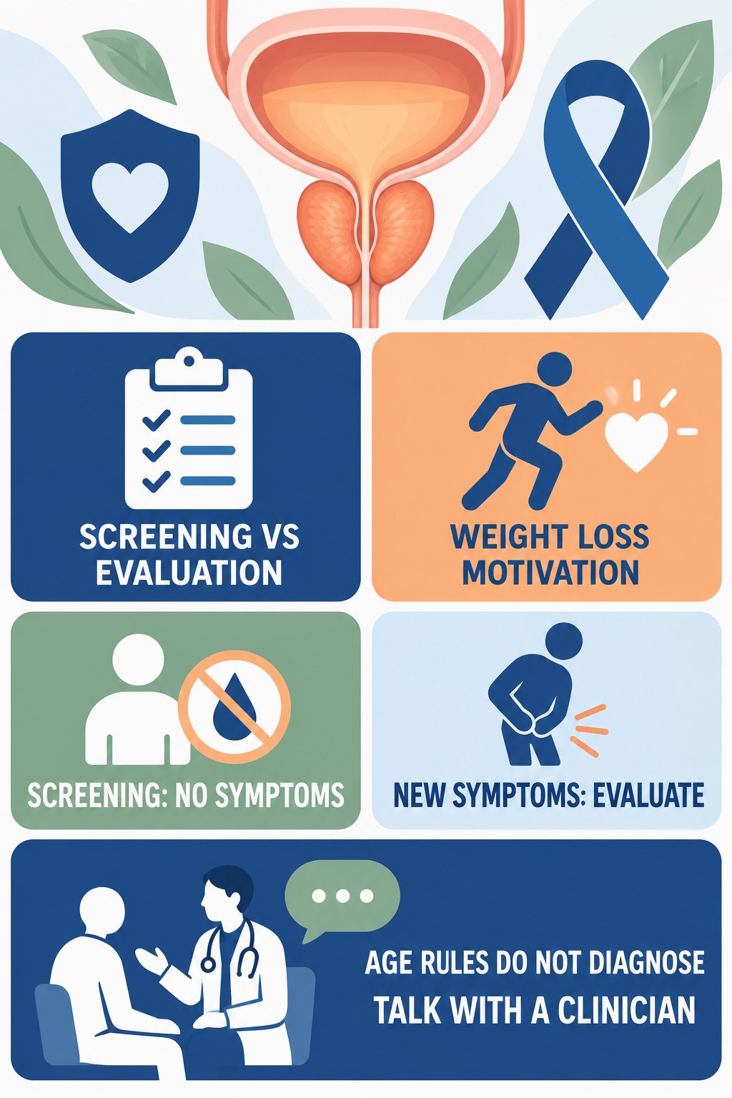 Screening Is Not Symptom Evaluation infographic for Weight Loss Motivation with four concise prostate-health awareness points.