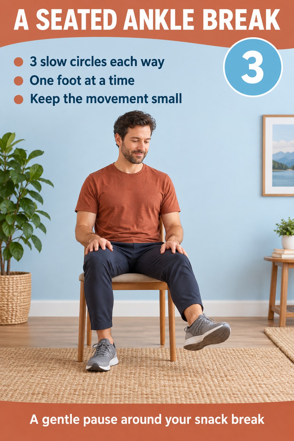Seated man lifts one foot slightly for a small ankle circle beneath clear terra-cotta and blue beginner exercise instructions.