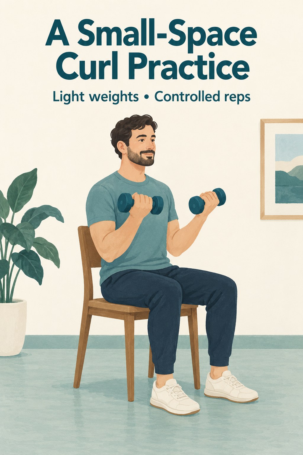 Adult seated upright on a stable chair practicing a light dumbbell curl