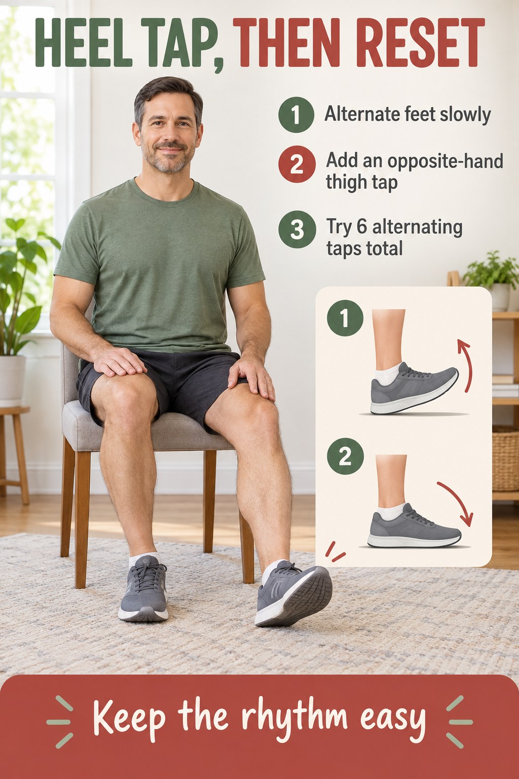 Seated man demonstrates a small forward heel tap beside sage and red instructions for six alternating taps and an easy rhythm.