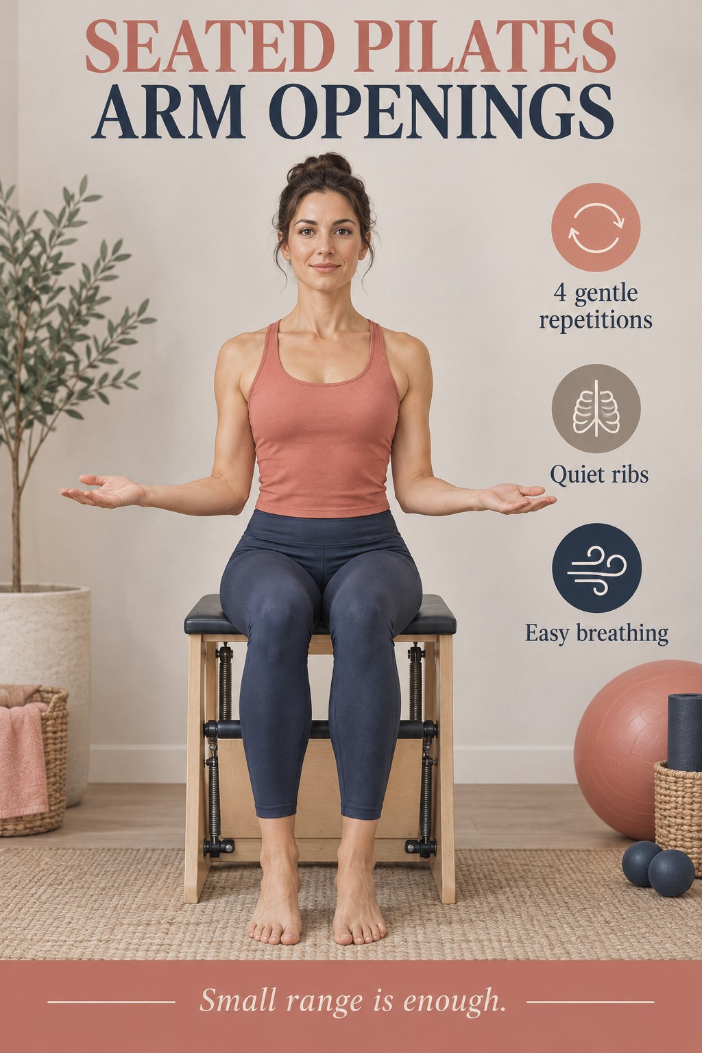 Adult sits upright with feet flat and elbows bent, gently opening the forearms without arching the back.