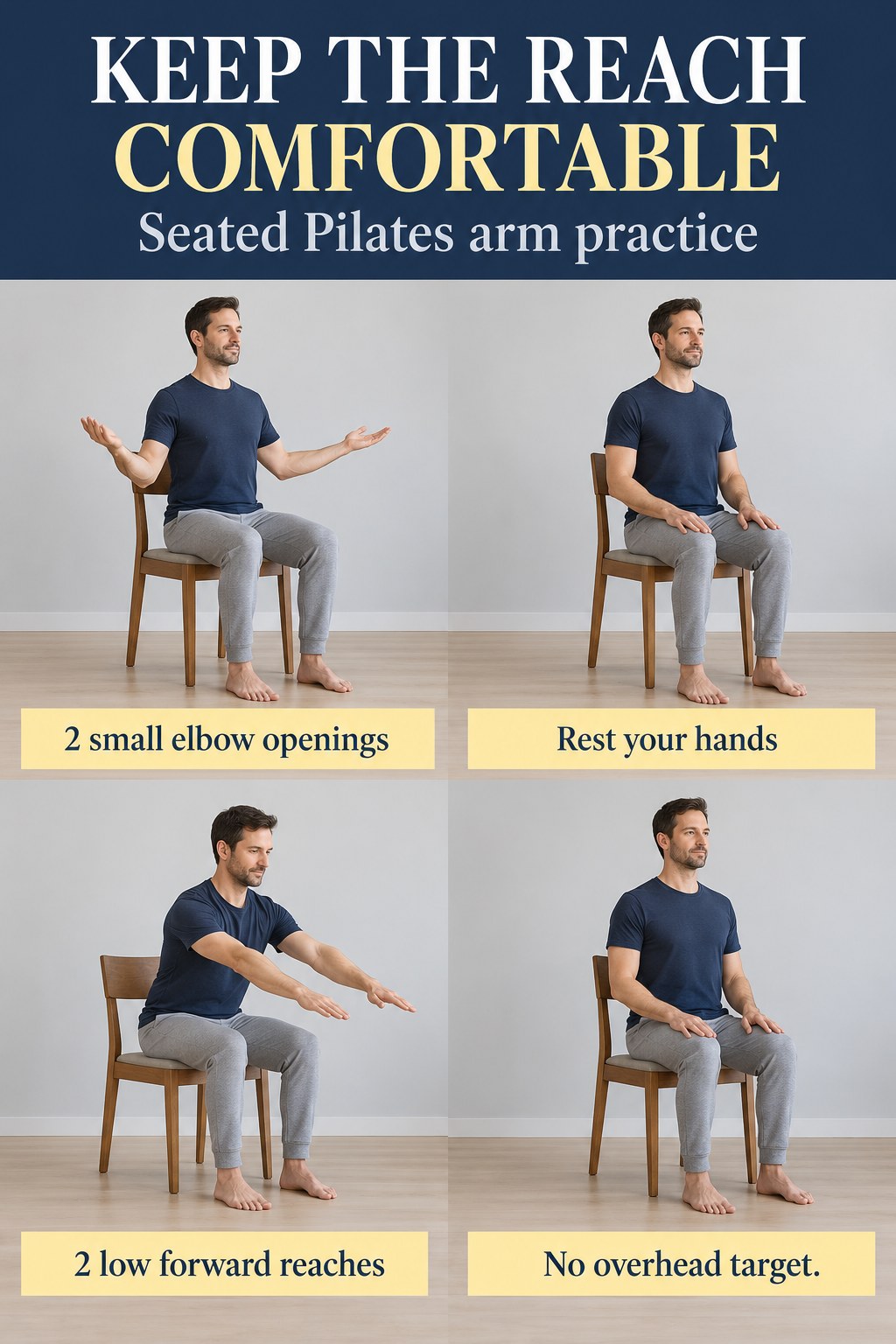 Four views show an adult on a wooden dining chair practicing small elbow openings, resting the hands, and reaching forward below shoulder height.