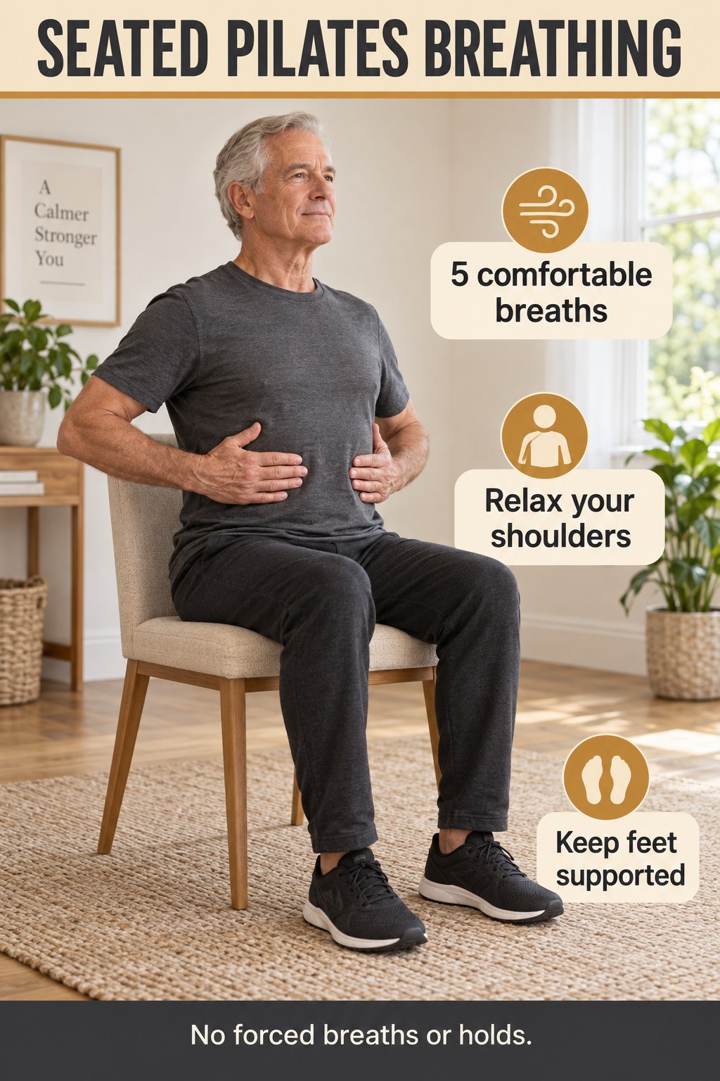 Adult sits upright on a stable chair with hands lightly resting on the sides of the lower ribs.