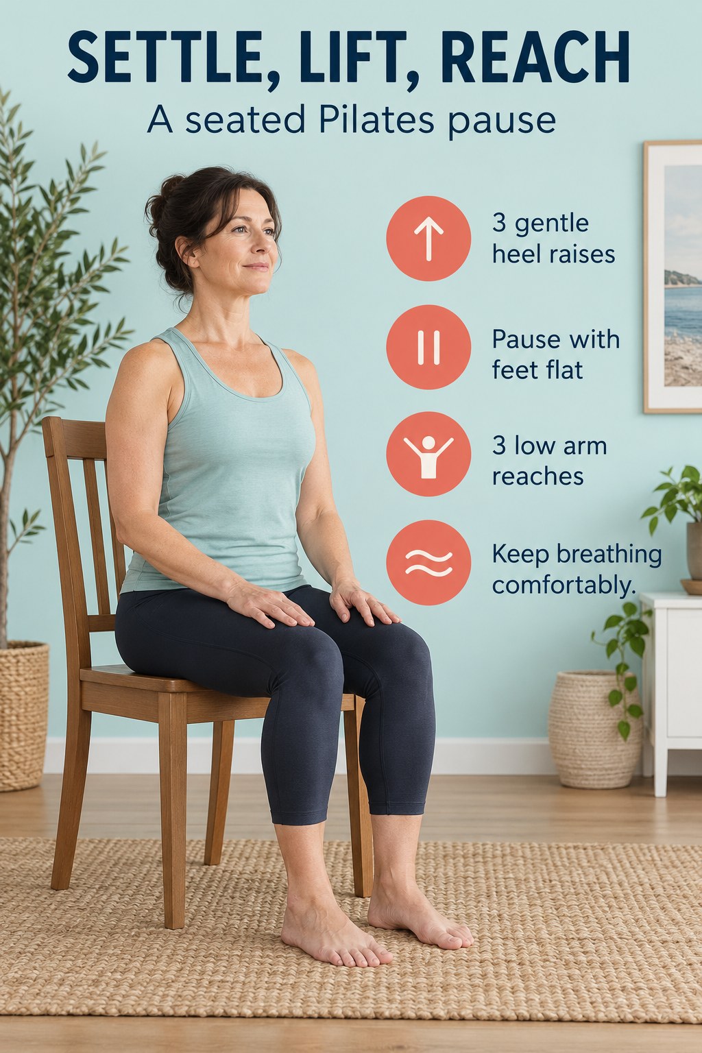 Adult seated upright on an ordinary wooden dining chair with feet flat on the floor.