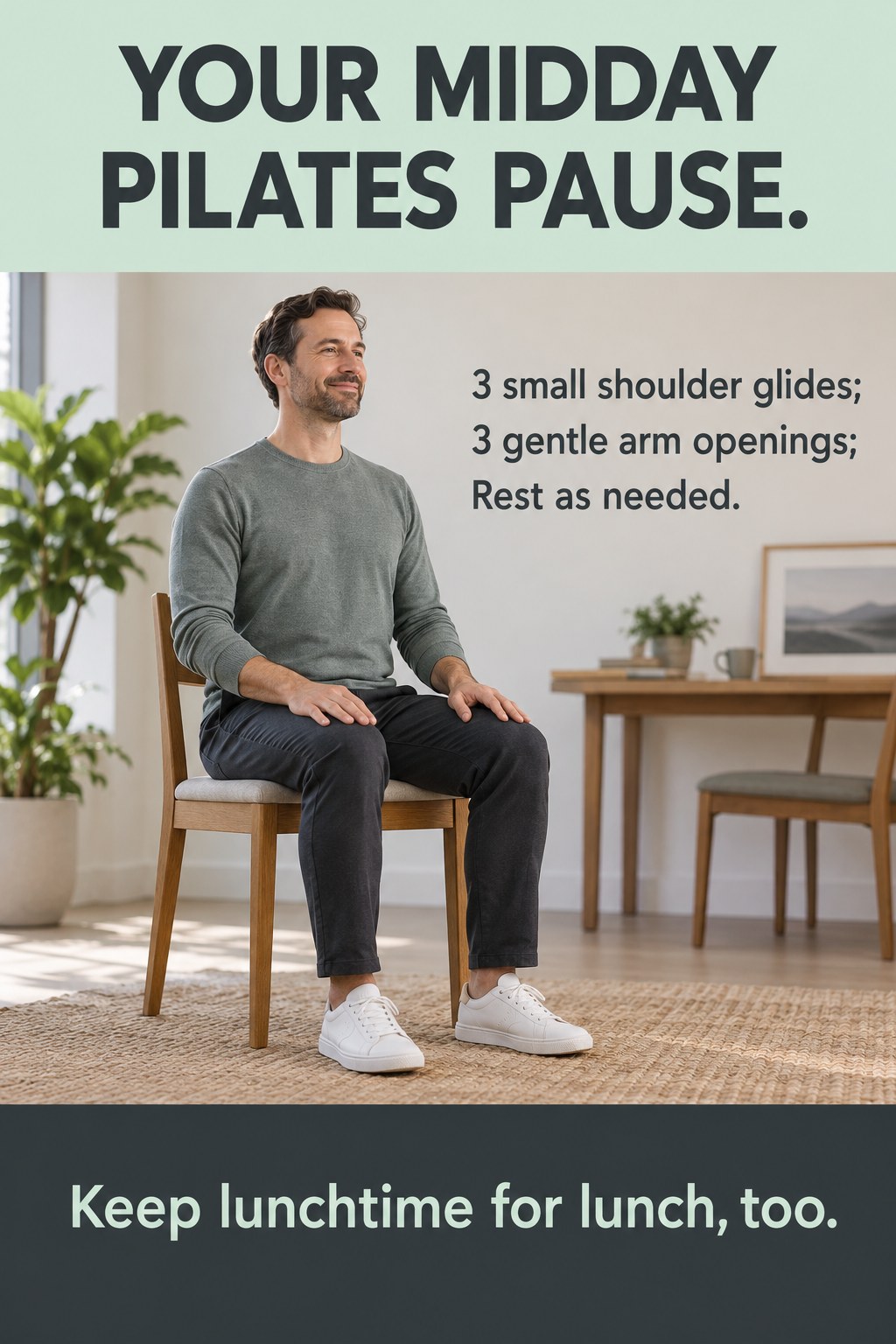 Adult seated on a plain stable chair away from a work desk with both feet resting on the floor.