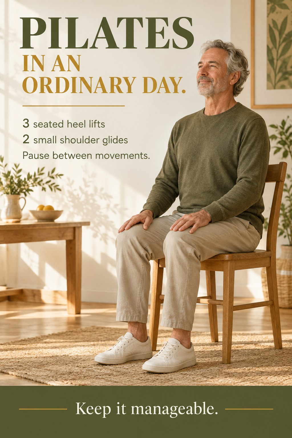 Older adult sitting comfortably on an ordinary dining chair in a bright room with feet flat.