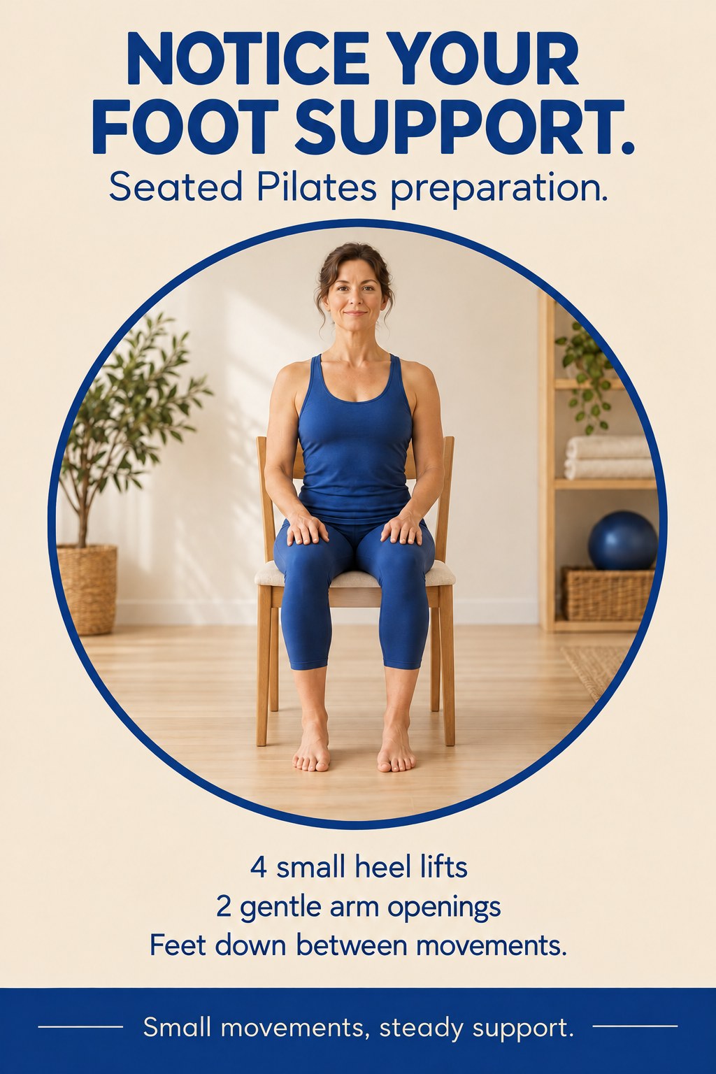 Adult seated on a stable chair with feet flat and hands resting on the thighs before a Pilates preparation.
