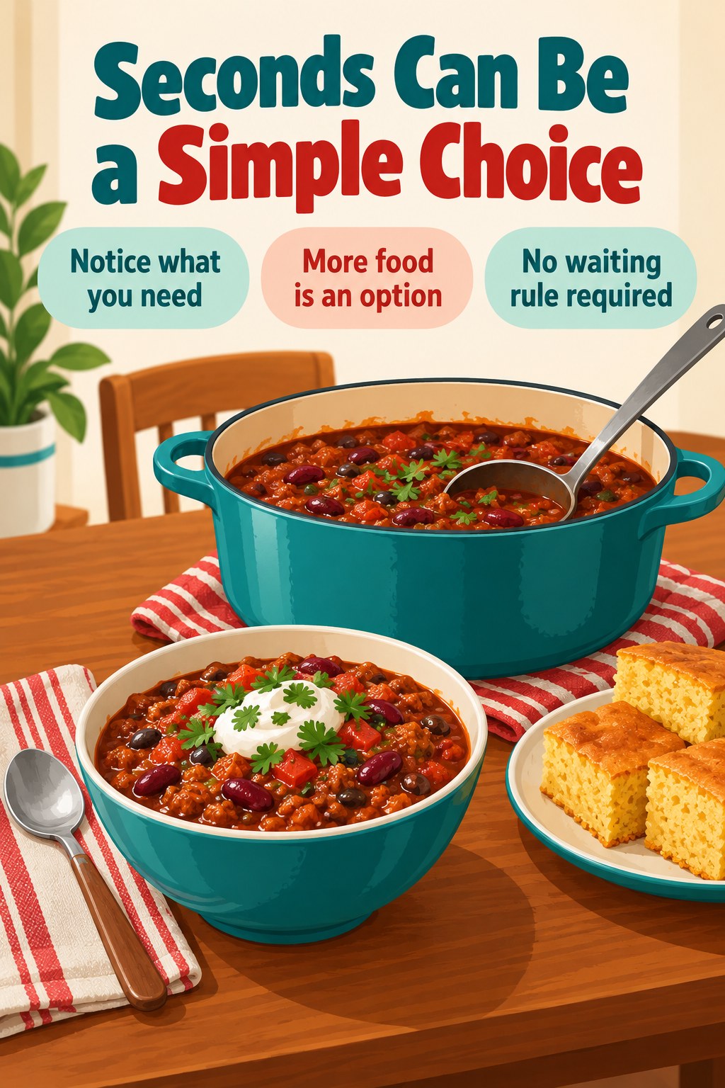 Bean chili and cornbread with a serving pot nearby and text welcoming flexible second servings.