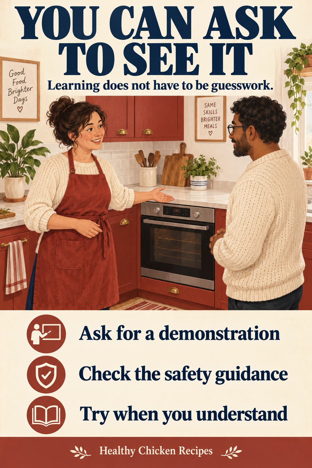 Illustration of two adults discussing a cooking step beside a closed oven