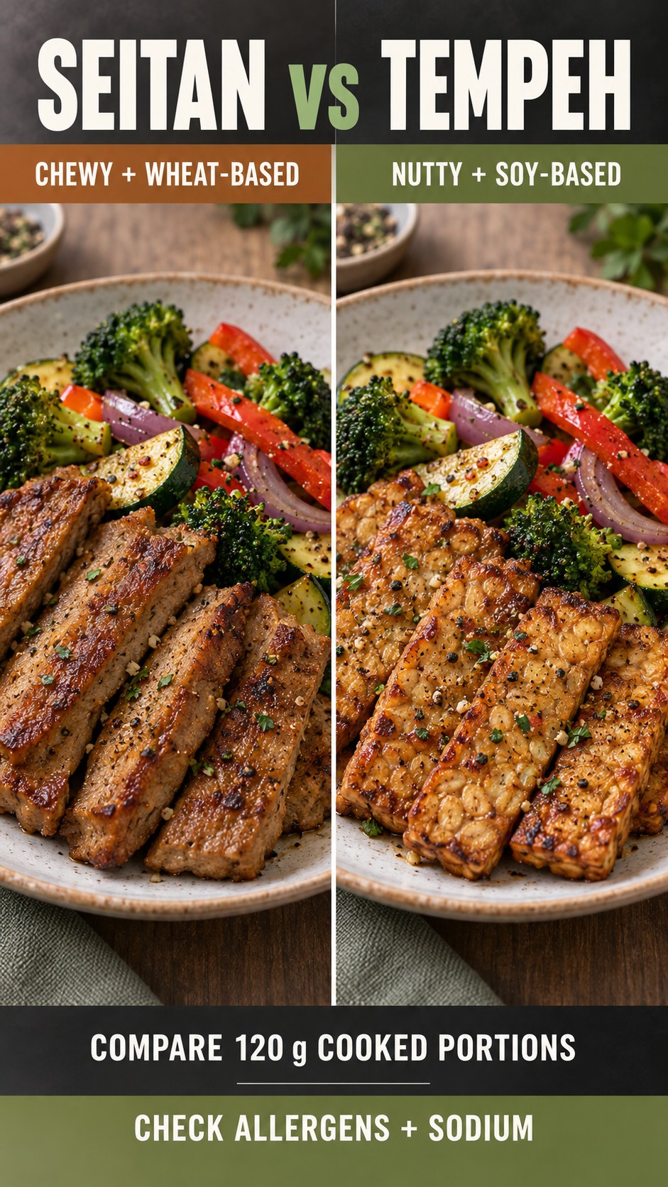 Cooked seitan and tempeh in equal 120 g portions with matching vegetables for a plant-based meal.
