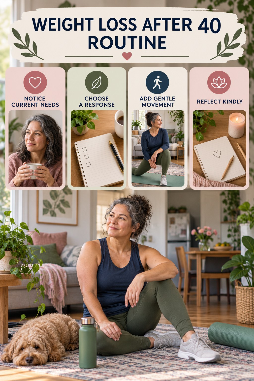 Self-Care and Movement Routine for Weight Loss After 40 with four readable routine cues and a realistic board-relevant wellness scene.