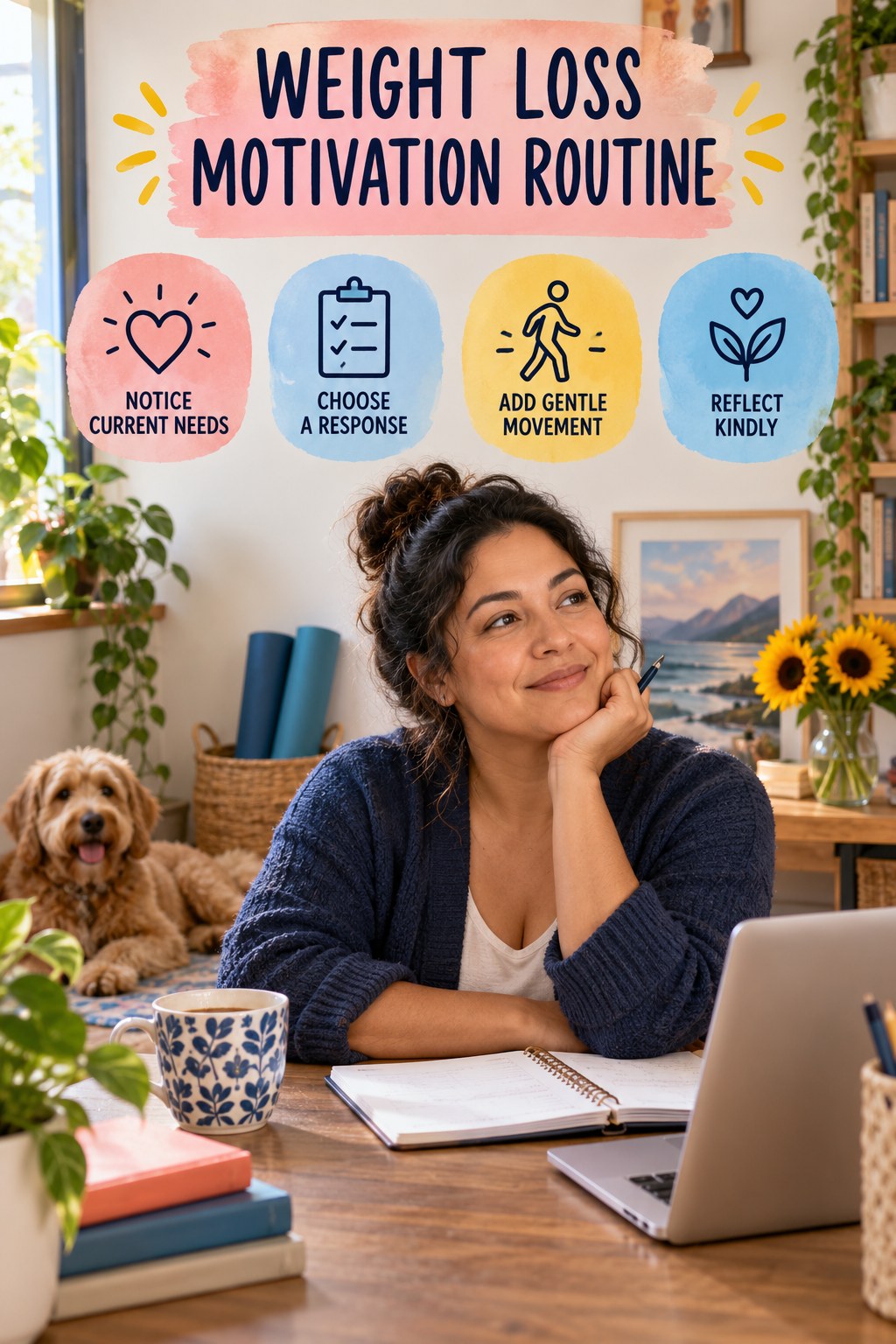 Self-Care and Movement Routine for Weight Loss Motivation with four readable routine cues and a realistic board-relevant wellness scene.