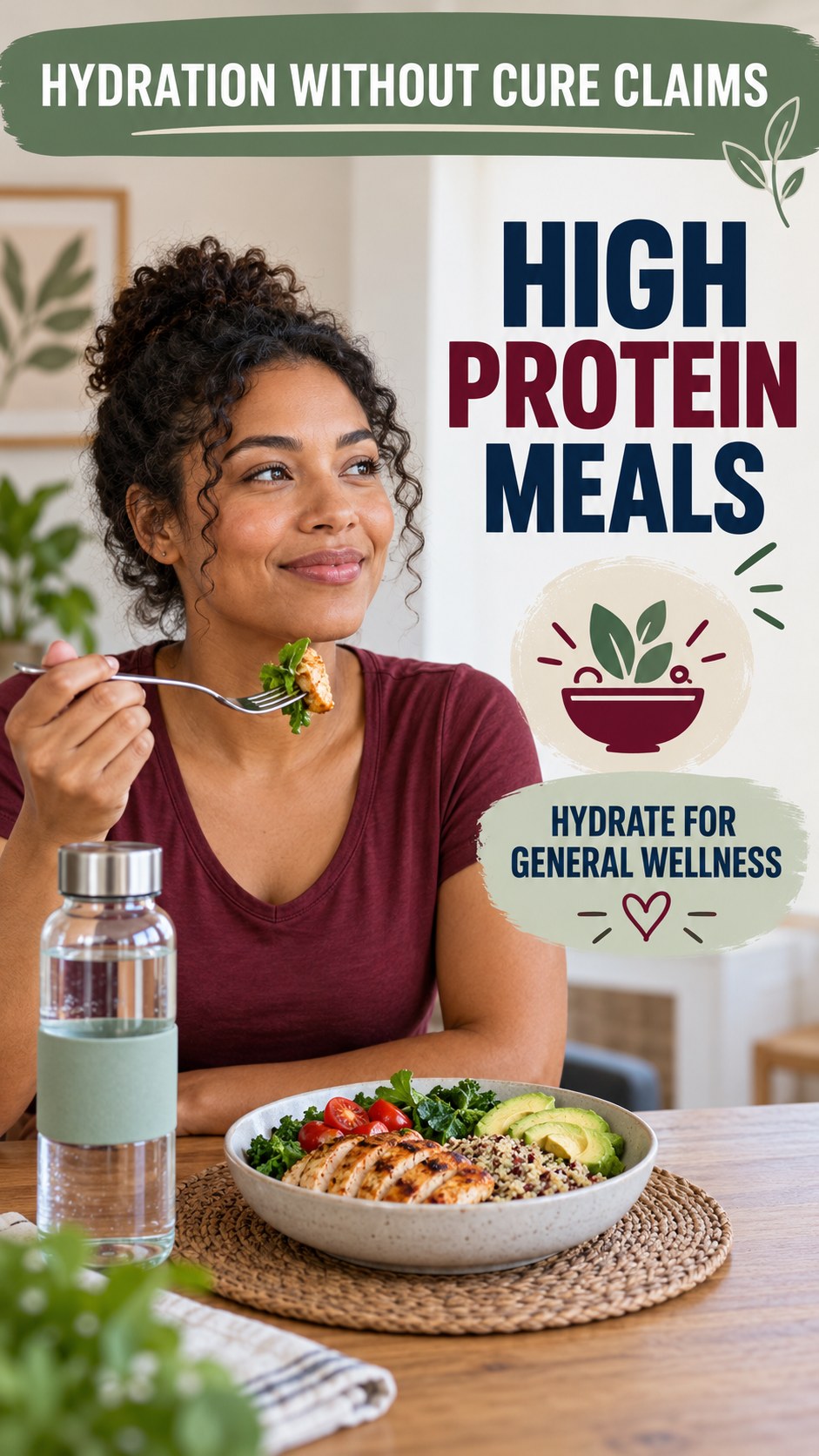 Hydration Without Cure Claims infographic for High Protein Meals, presenting respectful general HSV self-care comfort, hygiene, and safety education.