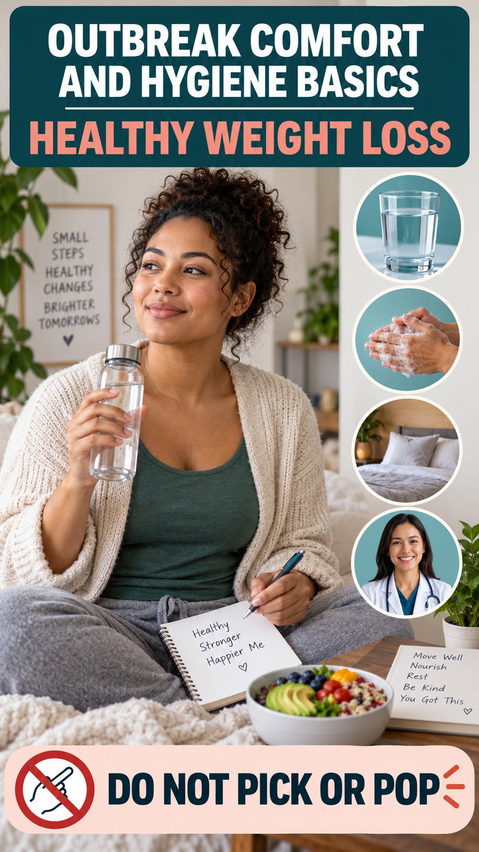 Outbreak Comfort and Hygiene Basics infographic for Healthy Weight Loss, presenting respectful general HSV self-care comfort, hygiene, and safety education.