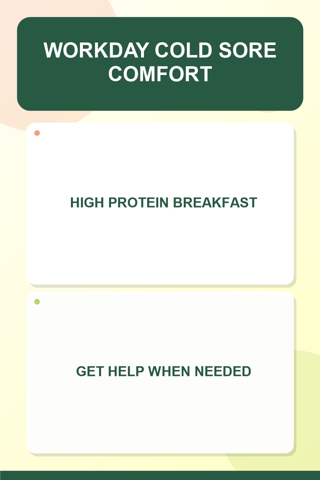 Workday Cold Sore Comfort infographic for High Protein Breakfast, presenting respectful oral herpes comfort, hygiene, and safety education.