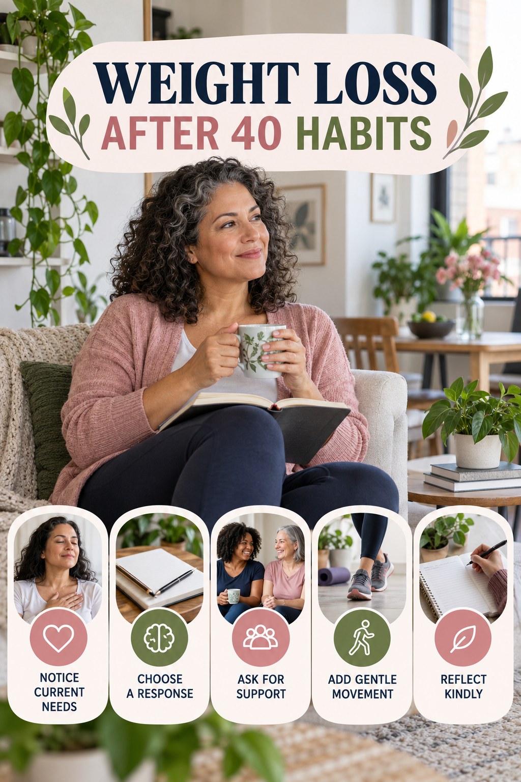 Self-Care Habits for Weight Loss After 40 with five readable habit cues and a realistic board-relevant wellness scene.